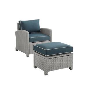 Bradenton Gray Wicker Outdoor Lounge Chair and Ottoman with Navy Cushion