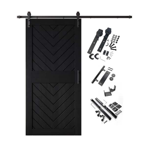 JT3 32 in. x 84 in. C-Panel Black Fishbone Design Solid Pine Wood Sliding Barn Door with Hardware Kit