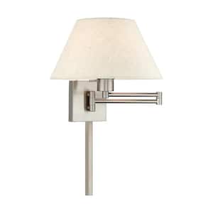 Atwood 1-Light Brushed Nickel Plug-In/Hardwired Swing Arm Wall Lamp with Oatmeal Fabric Shade