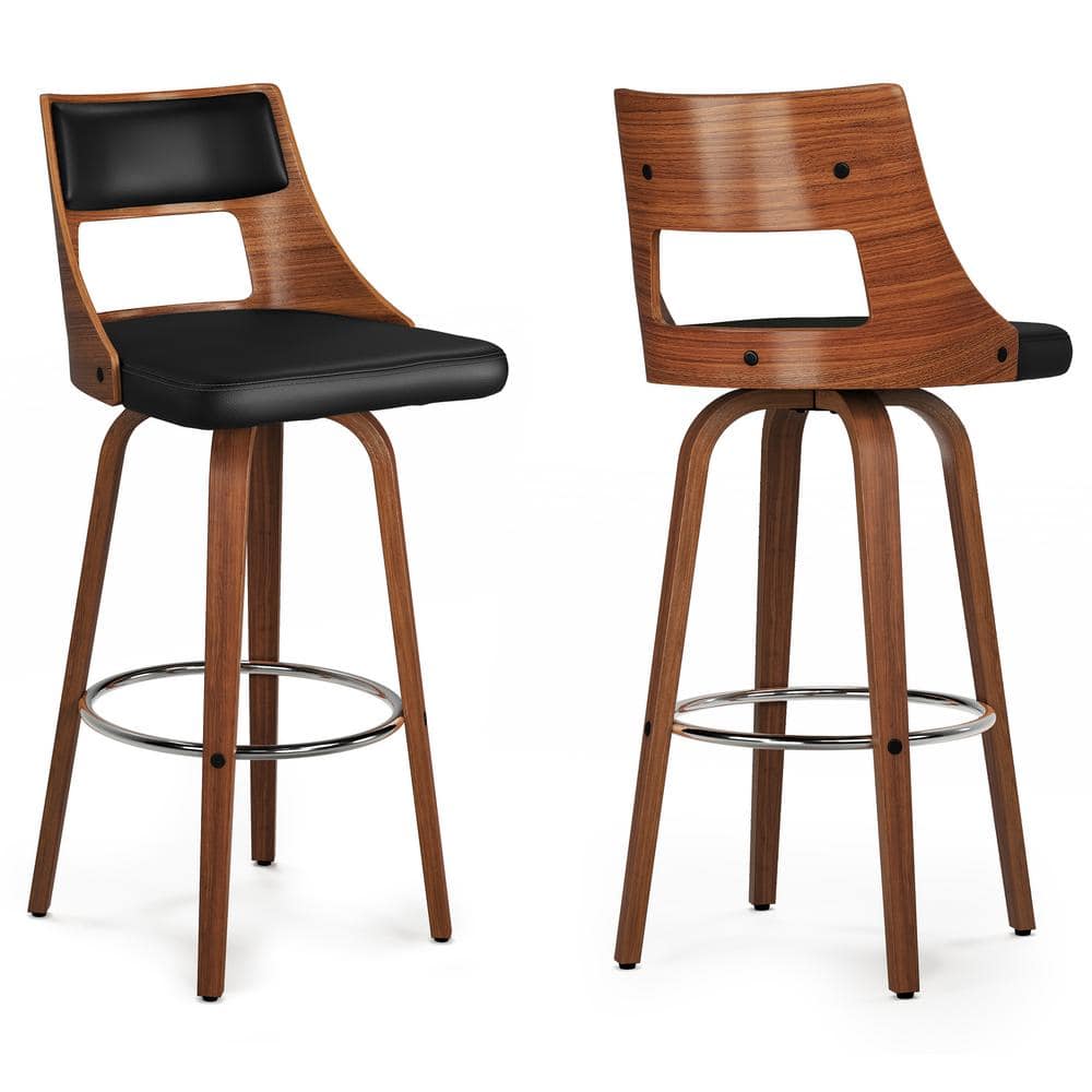 Black Faux Leather and Walnut Swivel Bar Stools, Set of 2