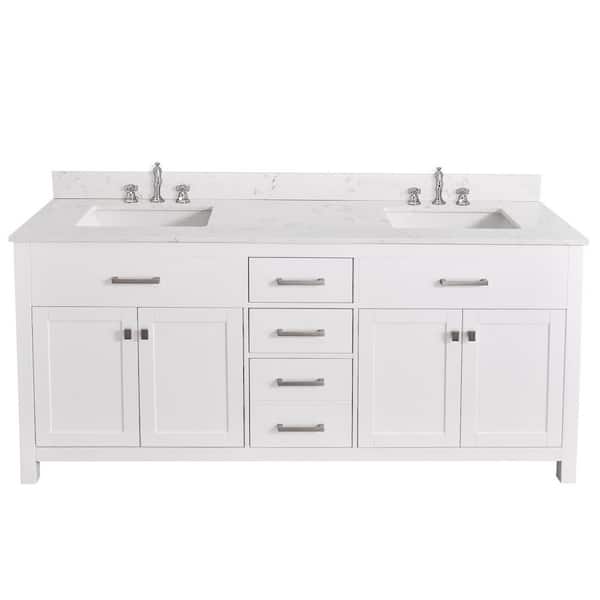 Covento 72 in. W x 22 in. D Freestanding White Bath Vanity with Pulsar White Engineered Stone Top Double Retacgular Sink