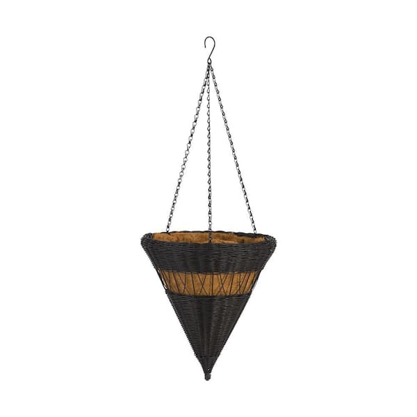 DMC 14 in. Antique Brown Cone Resin Wicker Hanging Basket