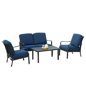 4-Piece Metal Patio Conversation Set with Blue Cushions