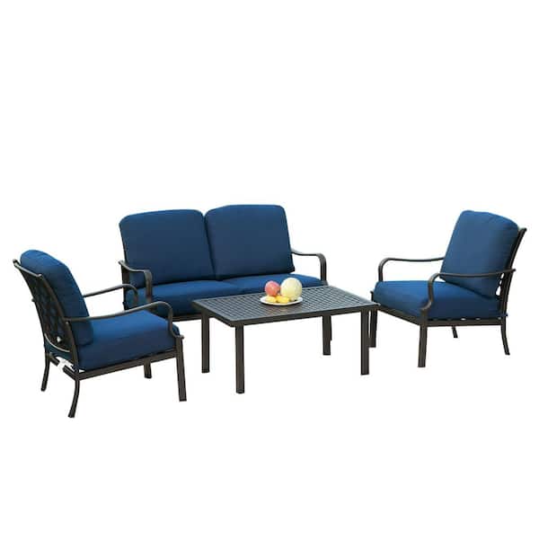 4-Piece Metal Patio Conversation Set with Blue Cushions