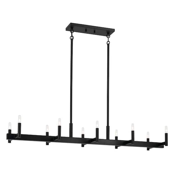 Erzo 50 in. 10-Light Black Mid-Century Modern Candle Linear Chandelier for Dining Room