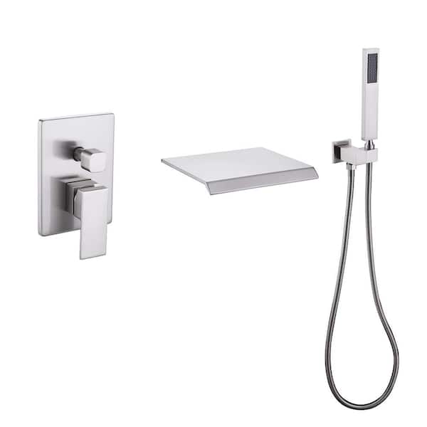 FLG Single-Handle Wall-Mount Roman Tub Faucet with Hand Shower Modern Brass Waterfall Bathtub Filler in Brushed Nickel
