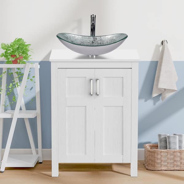 Puluomis 24 in. W x 19 in. D x 33 in. H Single Sink White Bath Vanity with Silver Solid Surface Top Sink and Mirror
