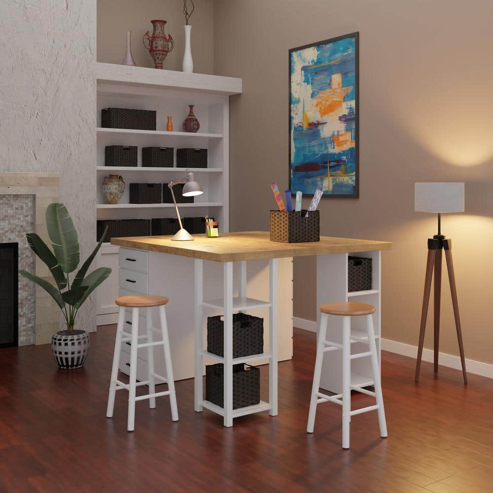 Transitional Teak and White Solid Wood 29" Barstool Duo