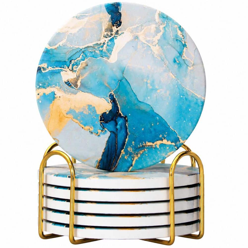Light Blue Marble Abstract Ceramic Drink Coasters with Holder, Round 6-Piece Set for Tables