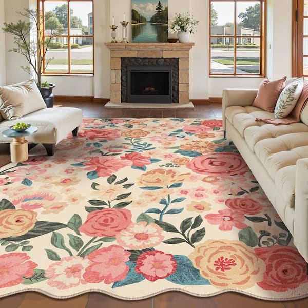 Bella Beige/Pink 8 ft. x 10 ft. Floral Washable Area Rug