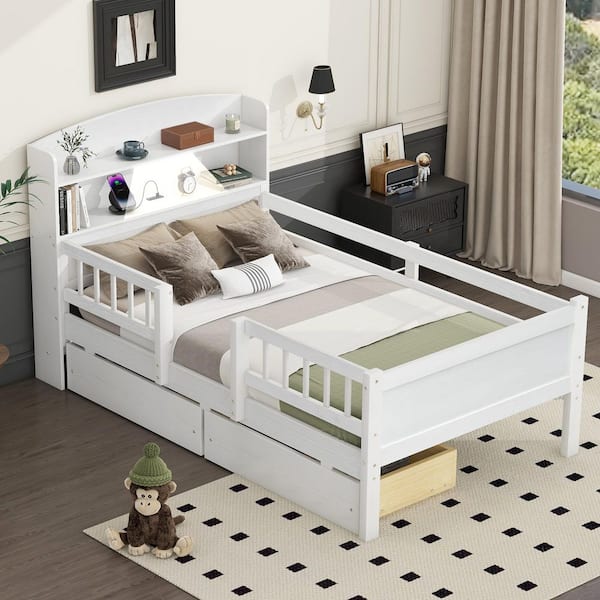 White Wood Frame Twin Size Platform Bed with Built-in LED Light, Guardrail and 2 Drawers