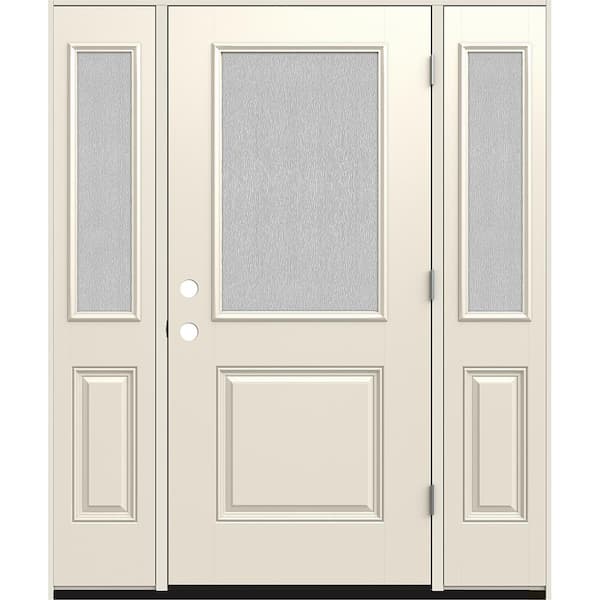 60 in. x 80 in. Left-Hand 1/2 Lite Streamed Ripple Glass Primed Fiberglass Prehung Front Door with Sidelites