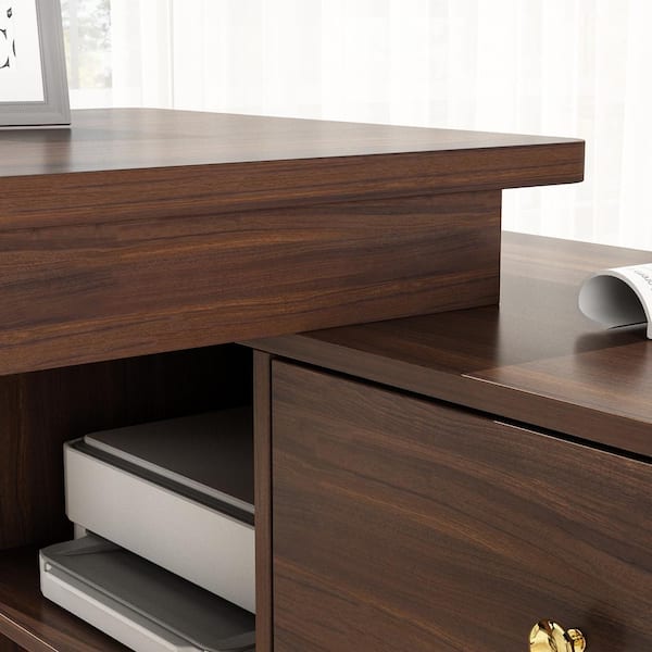 FUFU&GAGA 55.1 in. Width L-Shaped Brown Wooden 3-Drawer Commercial Desk, Computer Desk, Writing Desk with Shelves Storage