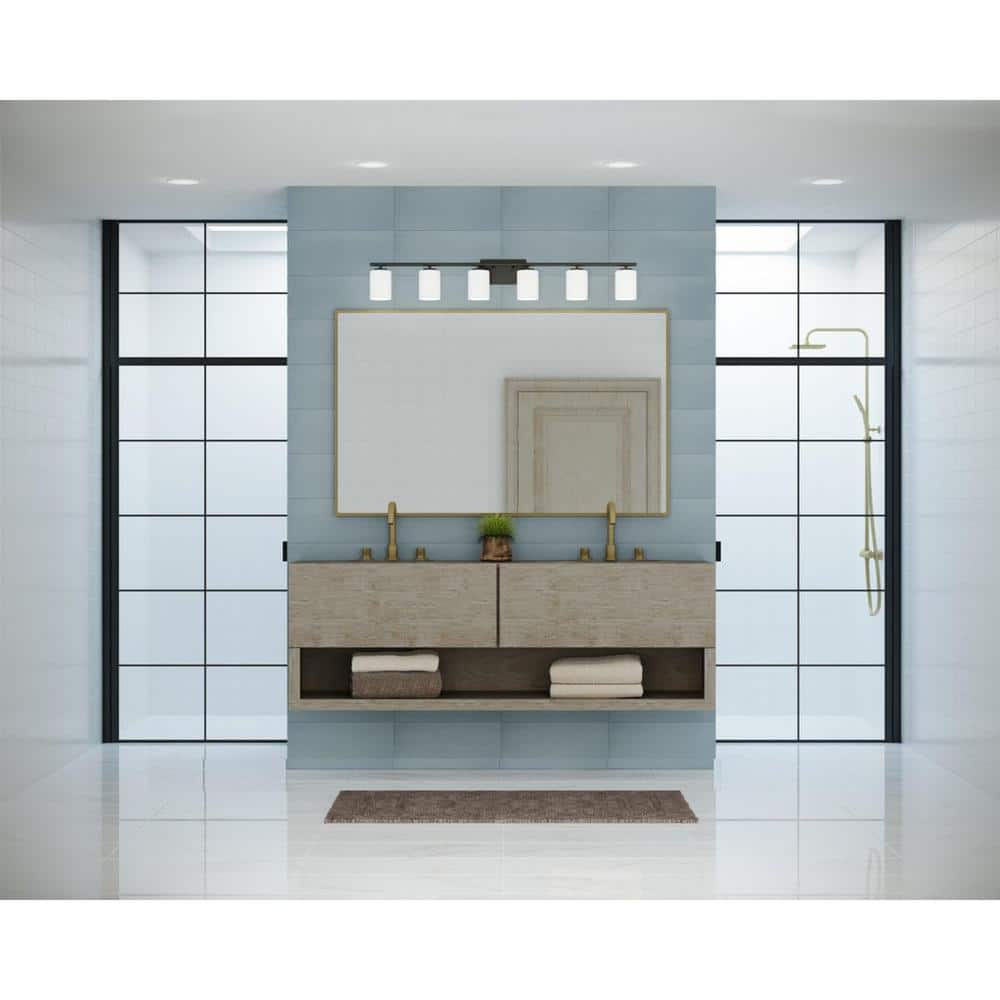 Textured Black Six-Light Bath Vanity with Etched Glass Shades