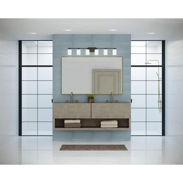 Replay 48 in. 6-Light Black with Etched White Glass Shades Modern Bath Vanity Light for Bathroom