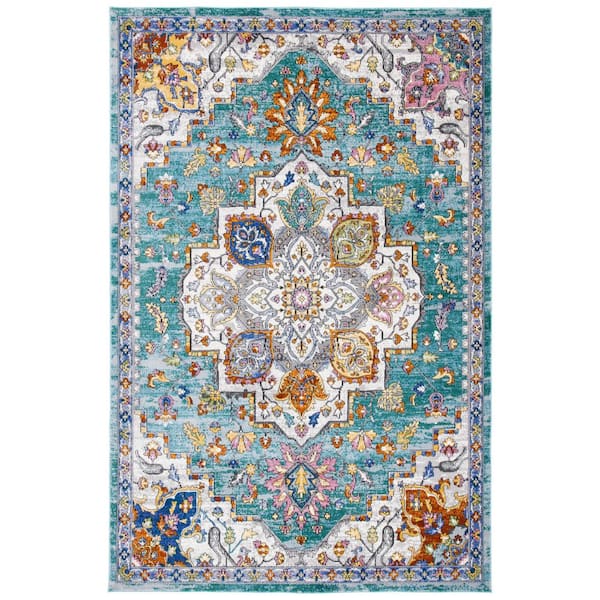 Aria 9 ft. x 12 ft. Turquoise/Ivory Border Floral Area Rug
