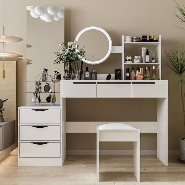 FUFU&GAGA Large Makeup Vanity Set Dressing Table With Round Lighted Mirror, Standing Mirror, 6 Drawers, and Cushioned Stool Set