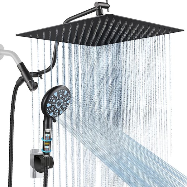 9-Spray Patterns Rainfull 2-in-1 Adjustable Fixed Shower Head with Filter 1.8 GPM and Handheld Shower Head in Black