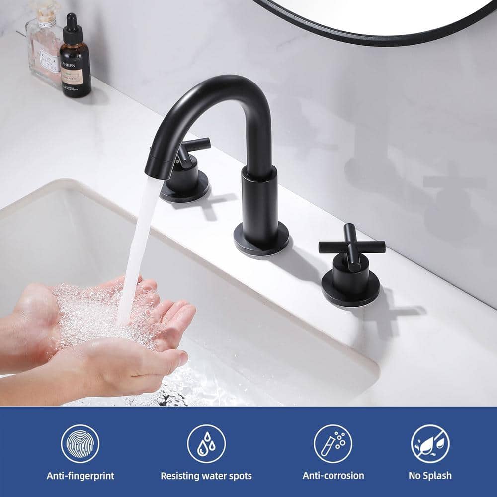 Matte Black Brass 8-Inch Widespread Bathroom Faucet with Cross Handles