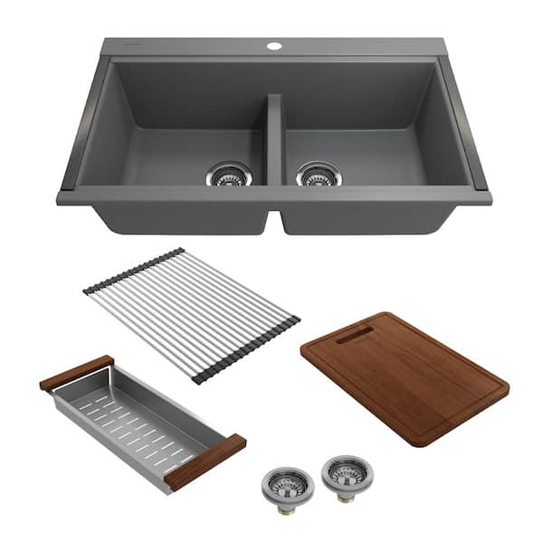 Baveno Lux Concrete Gray Granite Composite 33 in. Double Bowl Undermount Kitchen Sink w/Integrated Workstation and Acc