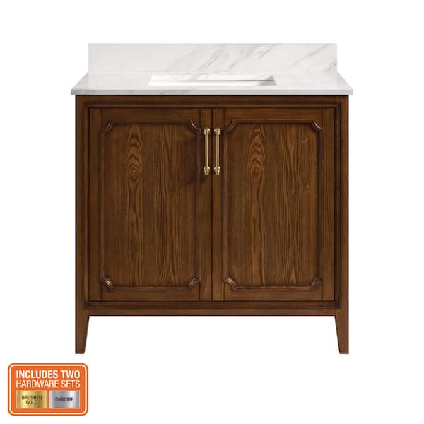 Simsbury 37 in. Single Sink Cinnamon Oak Bath Vanity with Calacatta White Engineered Stone Top (Assembled)