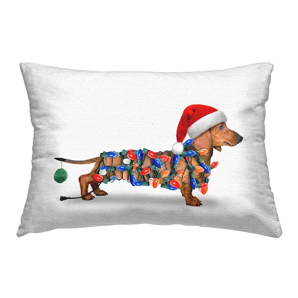 Christmas Lights Wrapped Dog Red Rectangular Outdoor Throw Pillow