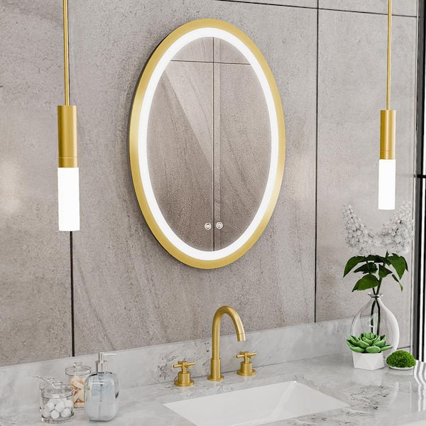 Brilliance 20 in. W x 28 in. H Oval Framed Light-up Wall Mounted Bathroom Vanity Mirror in Brushed Brass