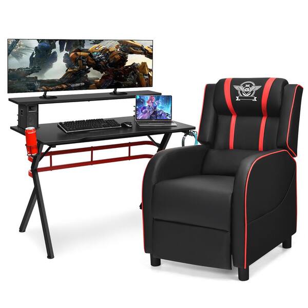 Costway 48 in. Black and Red Computer Desk and Massage Recliner Chair in Gaming Desk and Chair Set