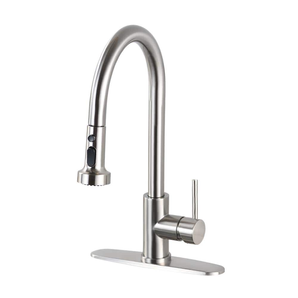 Single Handle Pull Down Sprayer Kitchen Faucet with Deck Plate in Brushed Nickel Modern High Arc Kitchen Sink Faucet -  Fapully, FAB-0031N-D