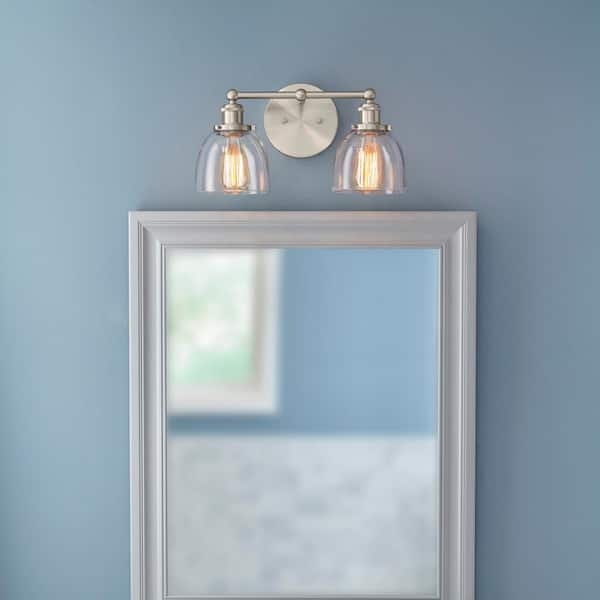 Evelyn 16.25 in. 2-Light Brushed Nickel Industrial Vanity with Clear Glass Shades