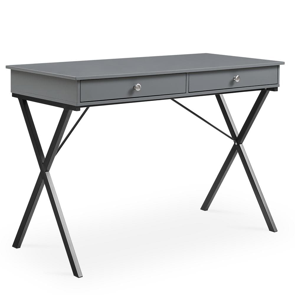 42 in. Rectangle Gray MDF 2-Drawer Computer Desk with X-Shape Metal Legs