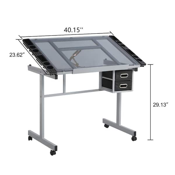 Aoibox 40.00 in. Rectangular Silver Metal Adjustable Tempered Glass Standing Drawing Desk with 2 Slide Drawers and 4 Wheels