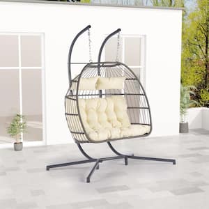 Modern 2-Person Swing Hanging Egg Rattan Chair Outdoor Patio Hammock with Beige Cushions