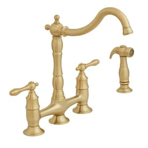 Lyndhurst Double-Handle Bridge Kitchen Faucet With Side Sprayer in Matte Gold