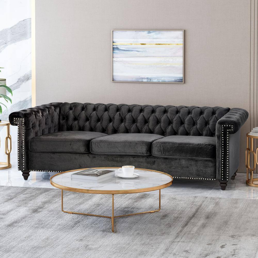 Black Velvet Chesterfield Sofa with Nailhead Trim and Flared Arms