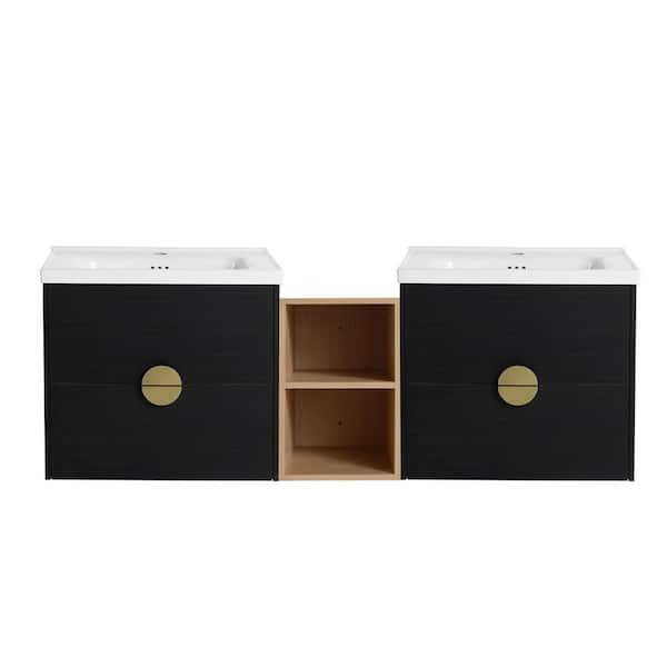 Boosicavelly 59.60 in. W 18.50 in. D 21.40 in. H Double Sink Wall Mounted Bath Vanity in Black Chestnut with White Ceramic Top