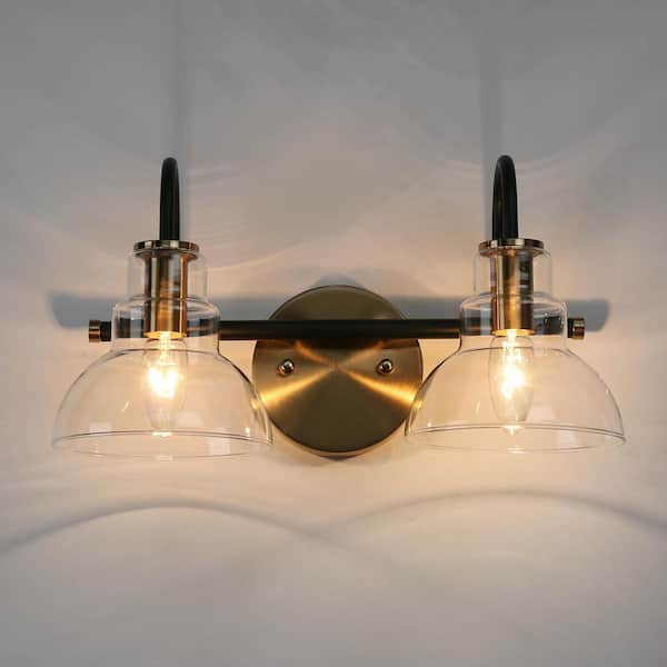 14.5 in. 2-Light Brass Gold Bathroom Vanity Light, Barn Clear Glass Bath Lighting, Modern Black Indoor Wall Sconce