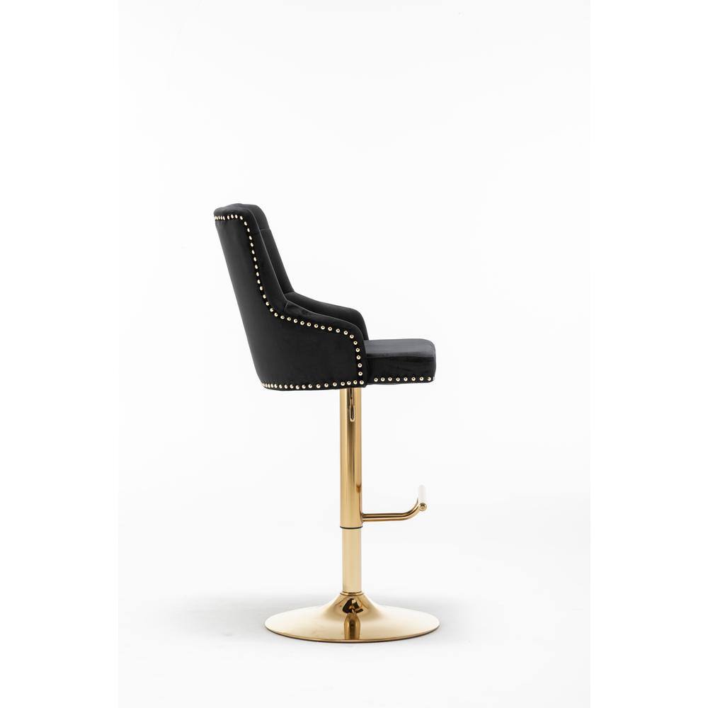 Glamorous Adjustable Swivel Black Velvet Bar Stool with Gold Metal Accents