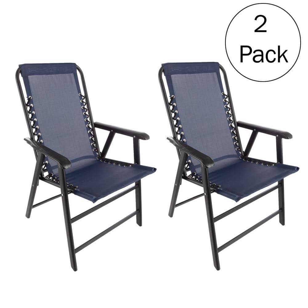 Set of 2 Navy Folding Camping Chairs with Textilene Fabric