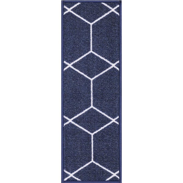 PLAYA RUG Hexagon Design Navy Color 8.5 in. x 26 in. Polyamide Stair Tread Cover (Set of 13)