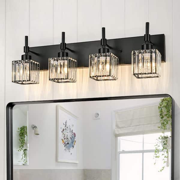 Schonbek 26 in. 4-Light Black Dimmable Bathroom Vanity Light with Crystal Shades
