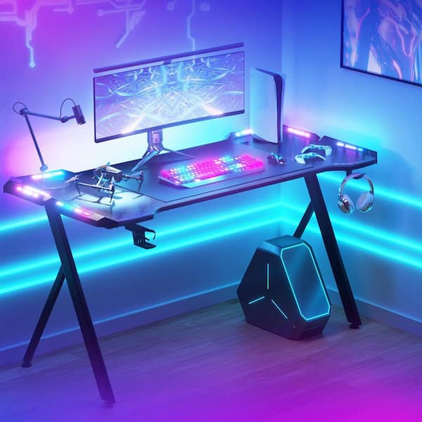 Modern 47.2 in. Square Black Laminate 0-Drawer Gaming Desk with LED, Cup Holder and Headphone Hook