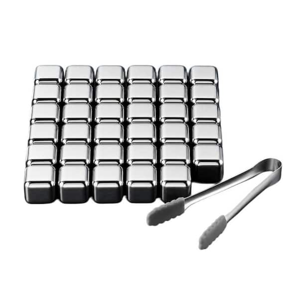 36Pcs 1.06 in. x 1.06 in. Silver Reusable Stainless Steel Ice Cubes with Tongs, Safe and Reliable, Easy to Clean and Use
