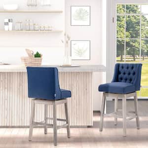 Blue 180° 30 in. Seat Height Swivel Bar Stools (Set of 2) Bar Chairs with Solid Wood Footrests and Button Tufted