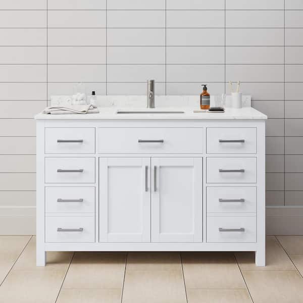 Wyndham Collection Beckett 54 in. W x 22 in. D Single Vanity in White with Cultured Marble Vanity Top in Carrara with White Basin