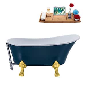 55 in. Acrylic Clawfoot Non-Whirlpool Bathtub in Matte Light Blue With Polished Gold Clawfeet And Polished Chrome Drain
