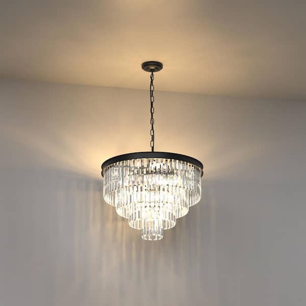YANSUN 24 in. 12-Light 4-Tier Black Crystal Chandelier, Modern