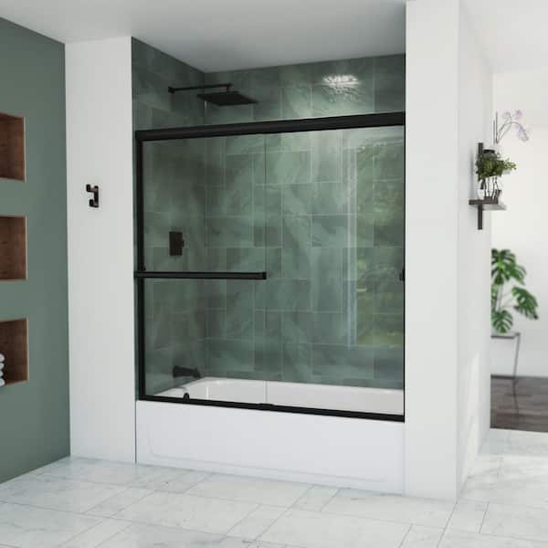 Aloha 56 - 60 in. W x 58 in. H Semi-Frameless Sliding Shower Door/Enclosure Tub Door in Matte Black with Clear Glass