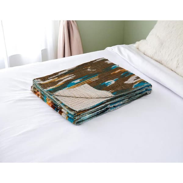 Brown, Blue Ikat Cotton Throw Blanket