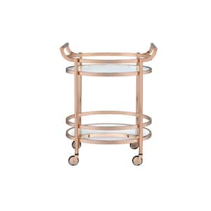 Contemporary Style Metal Outdoor Bar Oval Serving Cart with Clear Tempered Glass, 2 Open Storage, 4 Wheels in Rose Gold